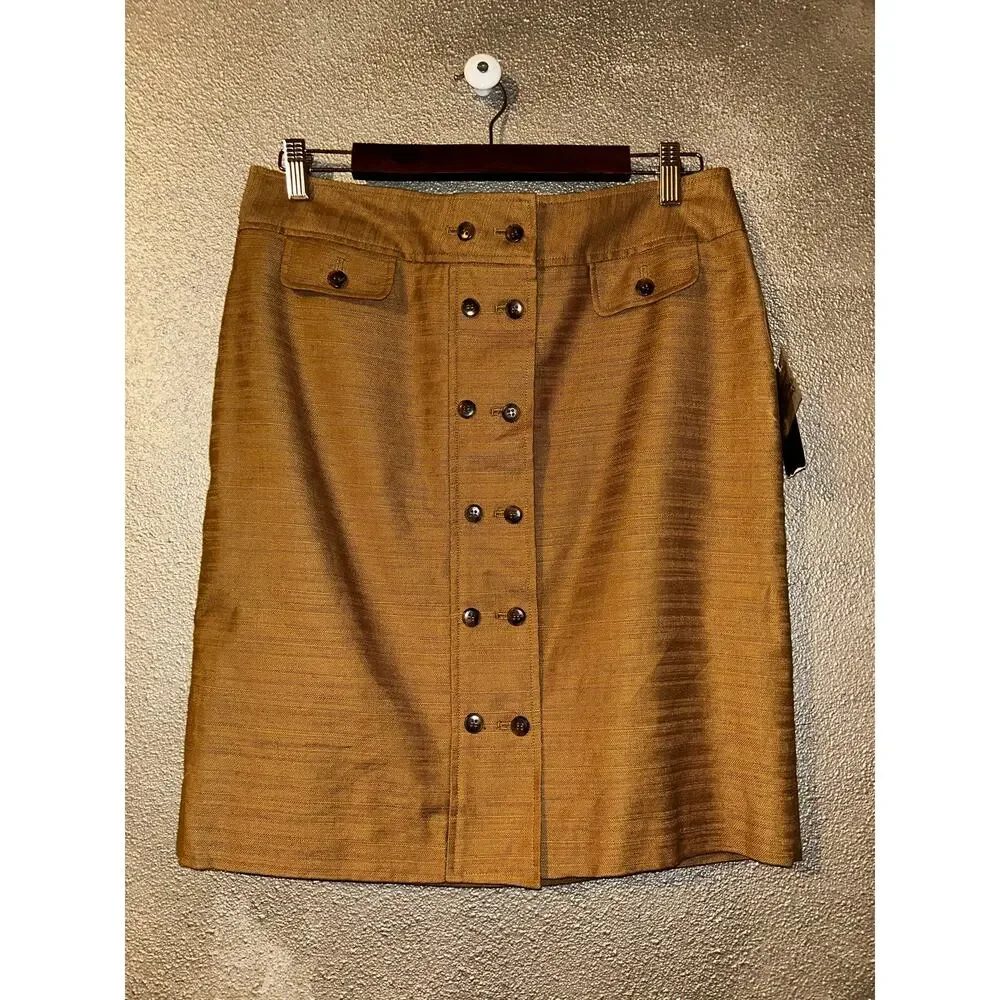 AK Anne Klein Skirt 10 Mustard Linen Cotton Button Front Pencil Lined NWT Career